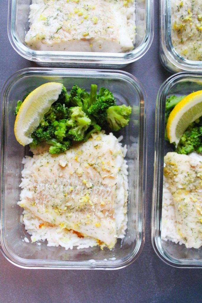 Lemon & Dill Baked Cod on rice with veggies in a meal prep container