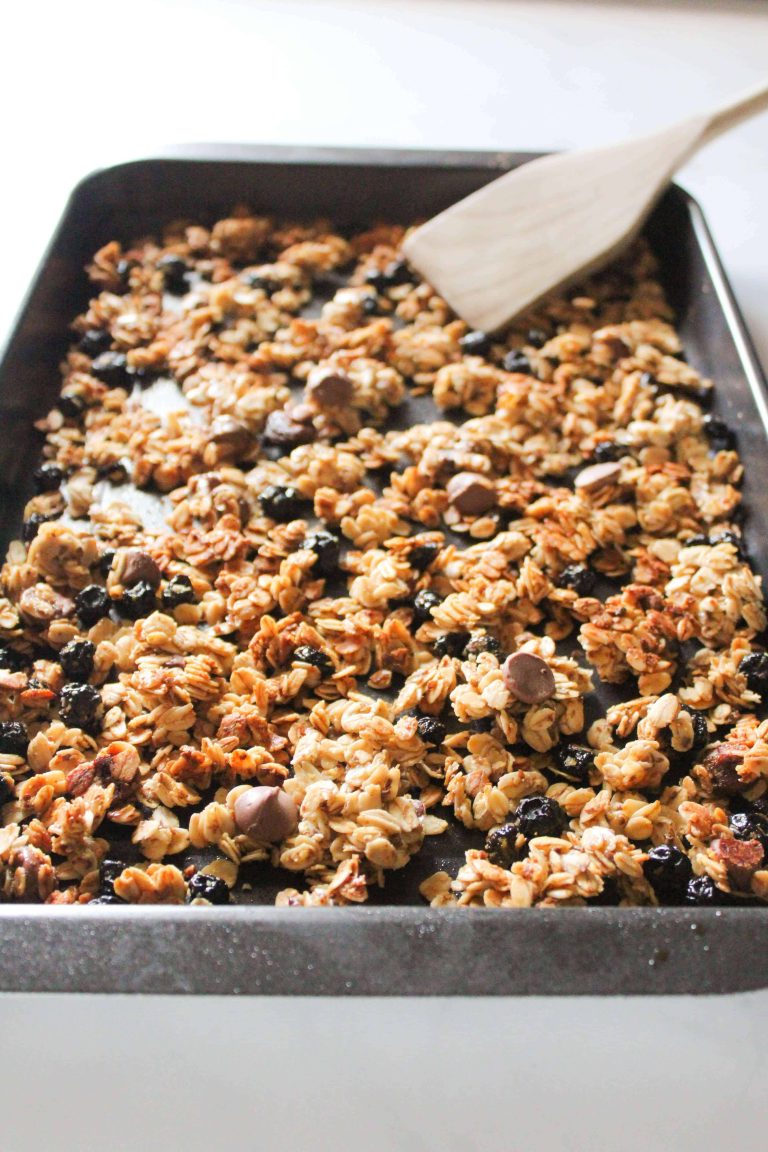Easy Chocolate Blueberry Granola on a baking sheet.