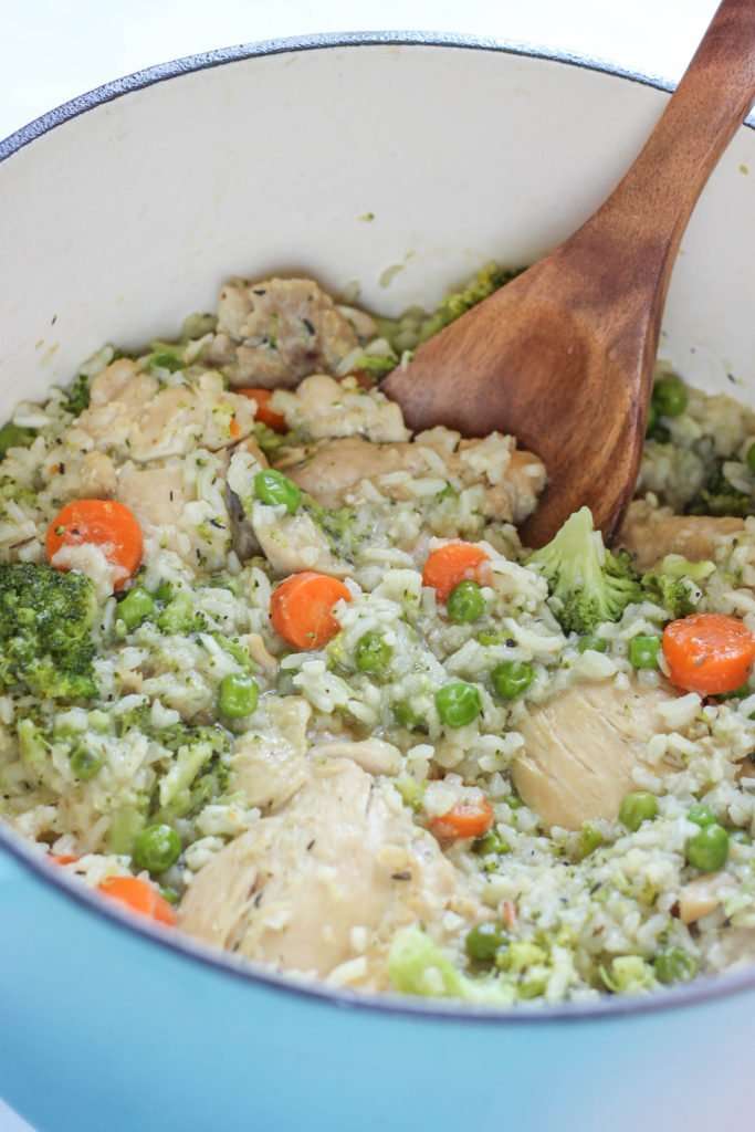 Chicken and Rice- Half cauliflower rice, half long-grain rice.. In a large pot