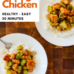 Easy Healthy Orange Chicken over rice in a while bowl.