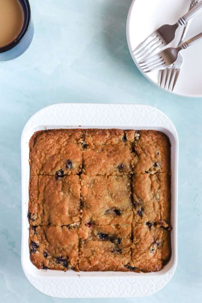 Sour Cream Blueberry Coffee Cake on a white plate