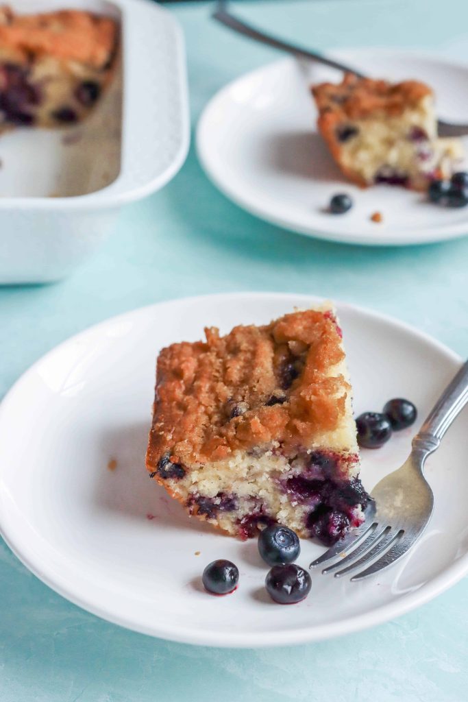Sour Cream Blueberry Coffee Cake on a white plate