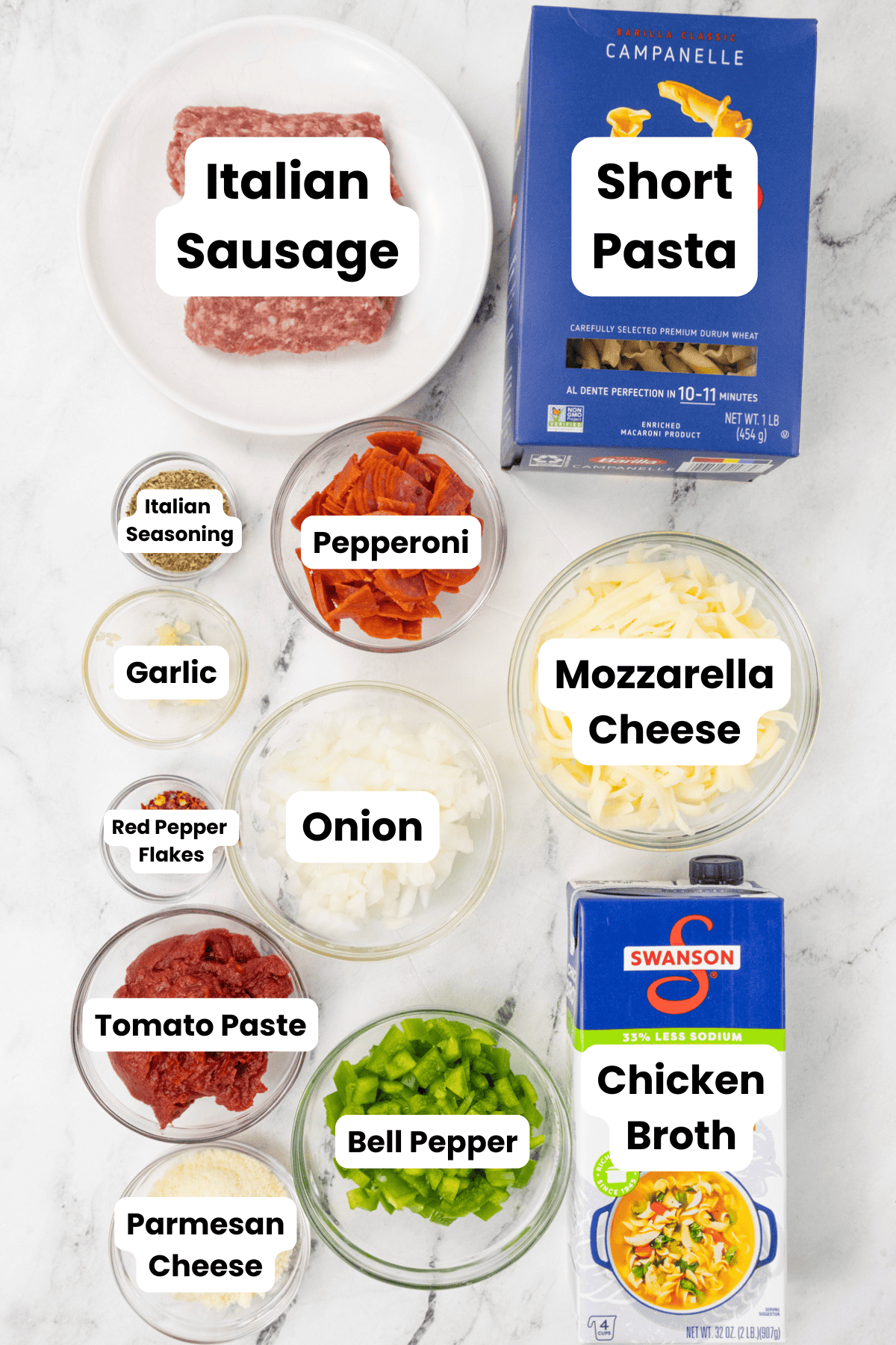 One-Pot Pizza Pasta ingredients