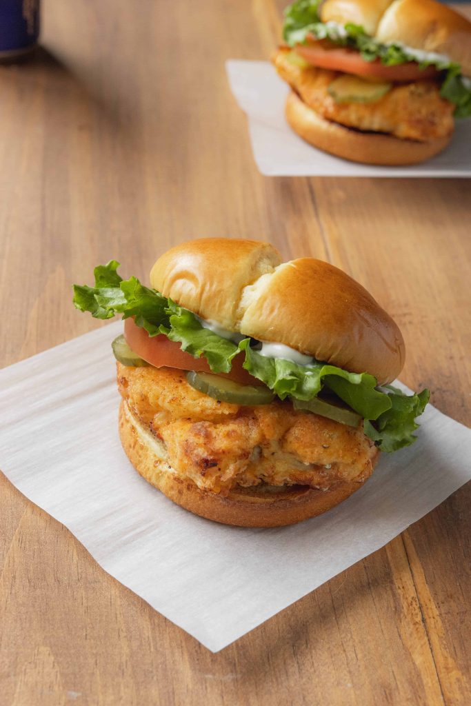 Air Fryer Spicy Chicken Sandwich with lettuce, tomato, and pickles