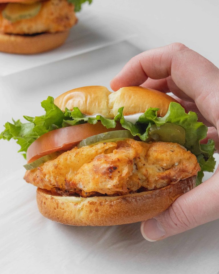 Air Fryer Spicy Chicken Sandwich with lettuce, tomato, and pickles