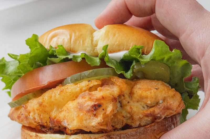 Air Fryer Spicy Chicken Sandwich with lettuce, tomato, and pickles