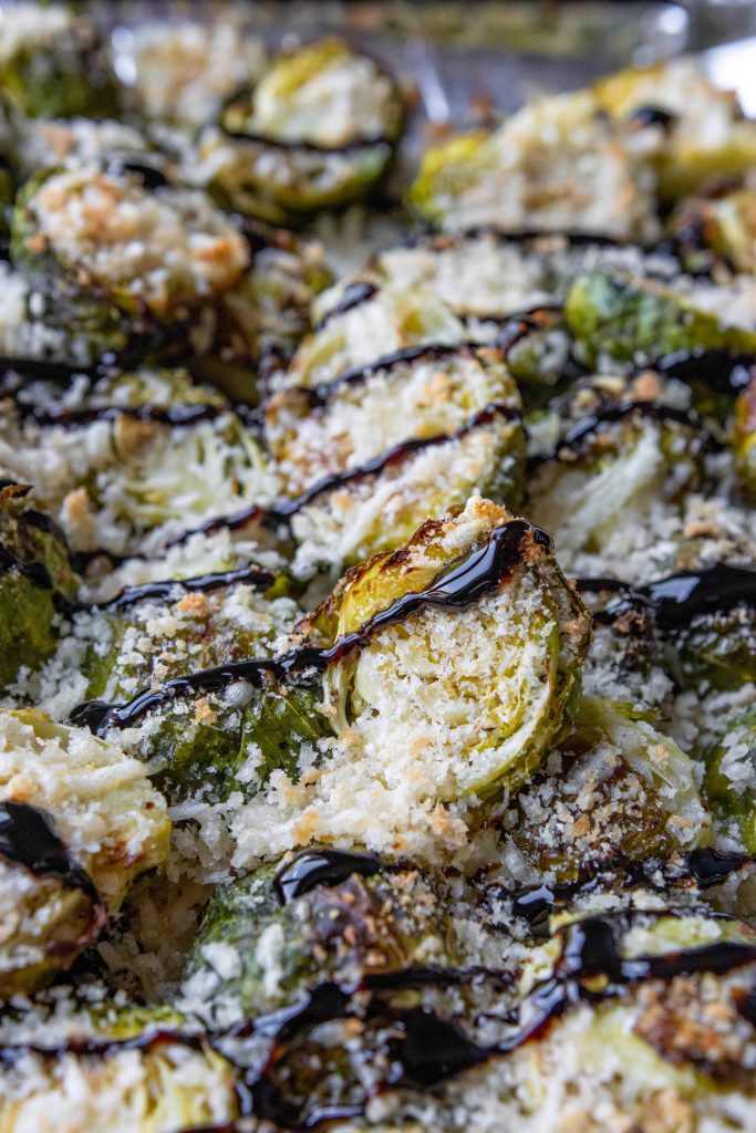 Balsamic Glazed Brussel Sprouts on a sheet pan 