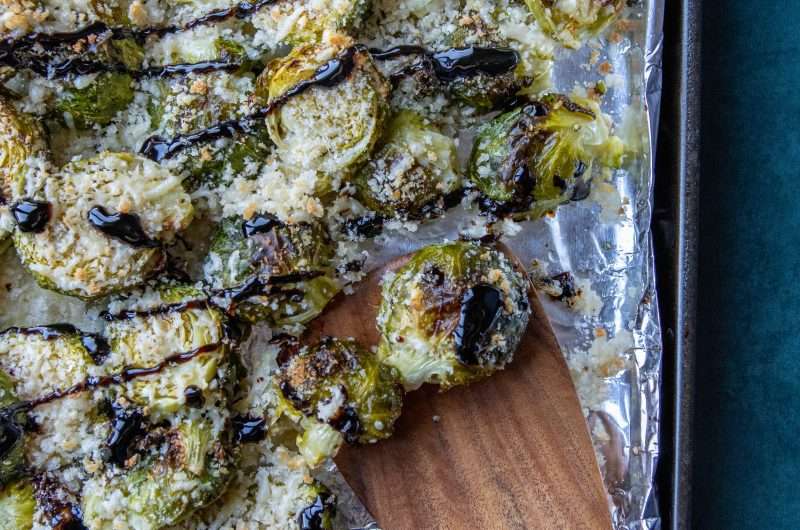 Balsamic Glazed Brussel Sprouts on a sheet pan