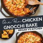 Chicken Gnocchi Bake in a skillet with a spoon in it.