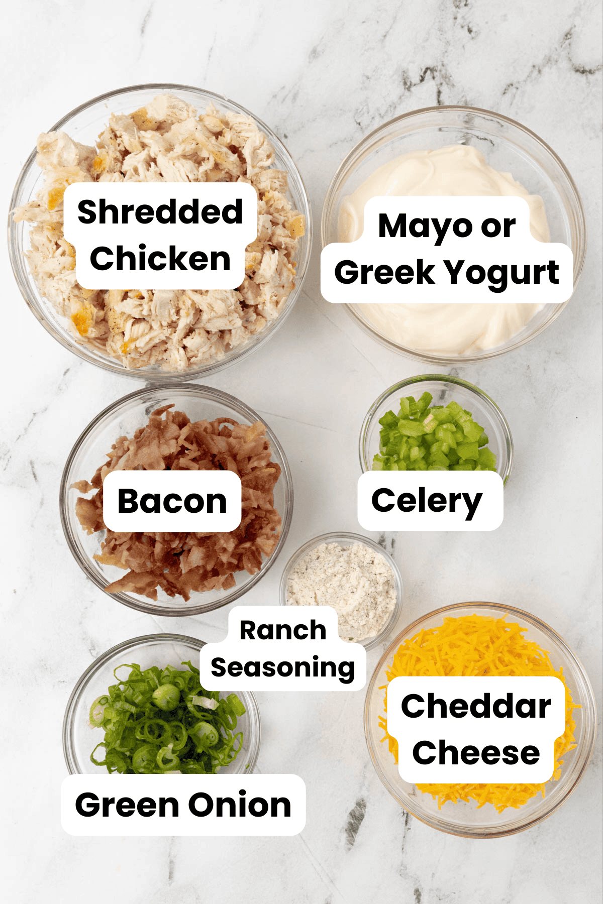 bacon ranch chicken salad ingredients with labels