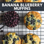 Banana Blueberry Muffins on a black cooling rack.