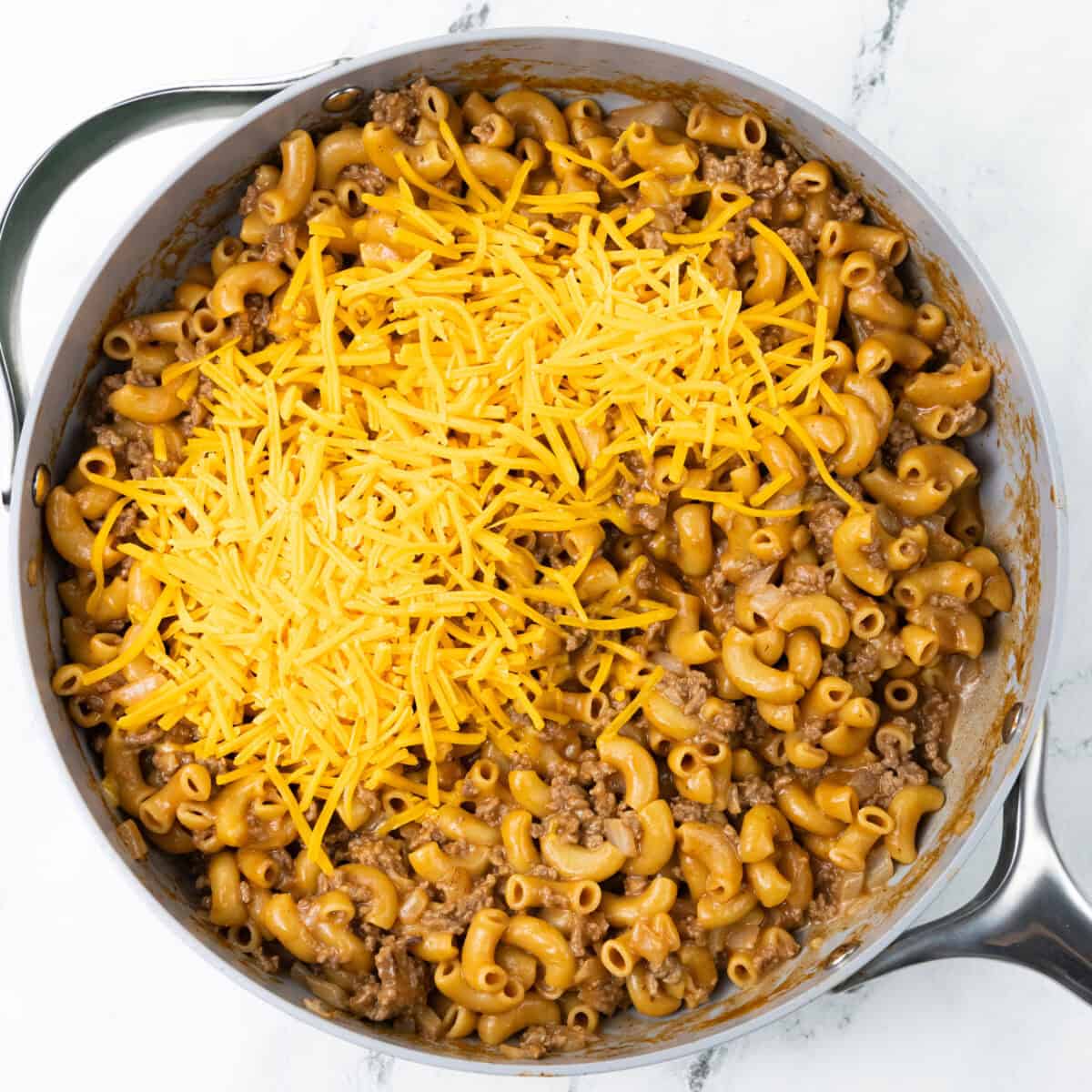 Cheese on top of Cheeseburger Hamburger Helper recipe