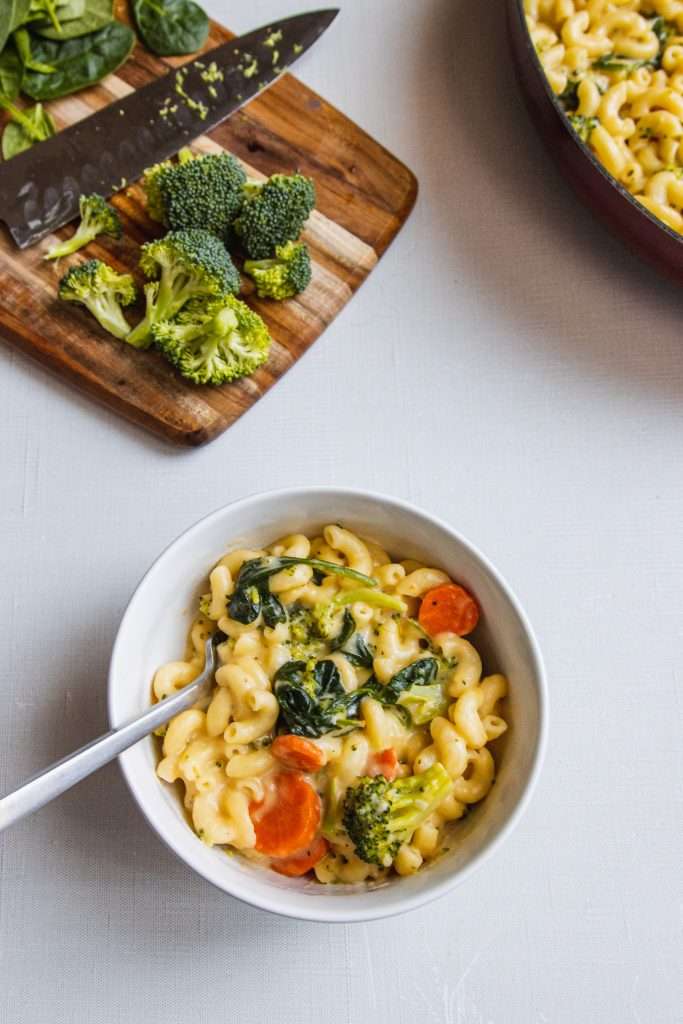 Quick Veggie Mac and Cheese in a skillet
