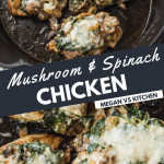 Chicken with mushrooms and spinach in a cast iron skillet.