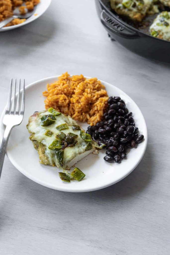 Poblano Chicken with rice and beans. 