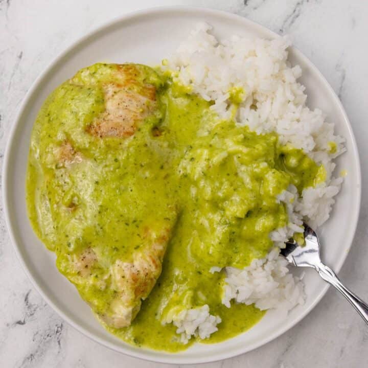 smothered poblano chicken with rice on a plate