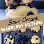 Sour Cream Blueberry Muffins stacked on top of eachother