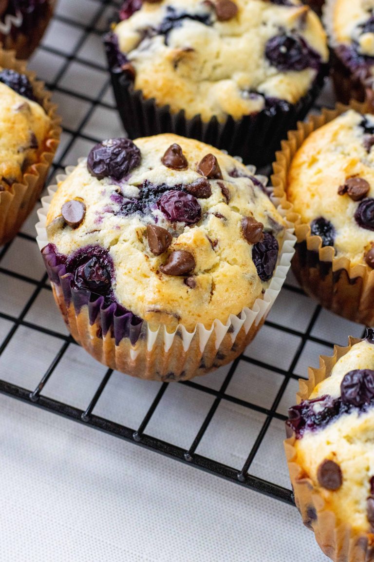 Blueberry Chocolate Chip Muffins stacked on each other