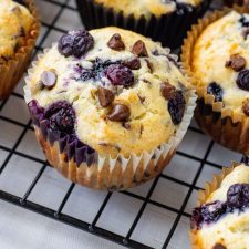 Blueberry Chocolate Chip Muffins stacked on each other