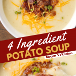 4 Ingredient Potato Soup in a bowl topped with bacon, cheese, and green onions