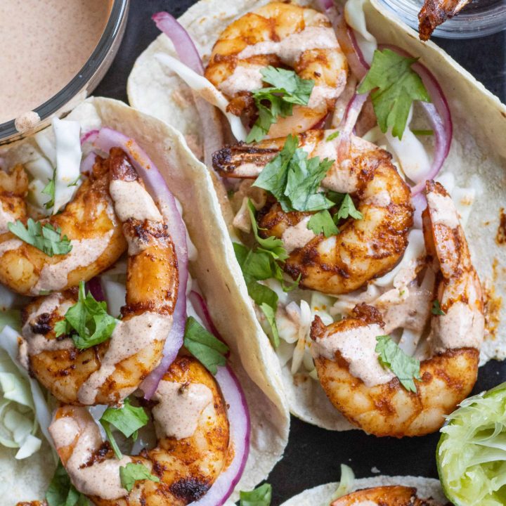 Air Fryer Shrimp Tacos on a sheet pan