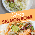 Rice, salmon, avocado and pickled vegetables in a bowl, covered in spicy mayo.