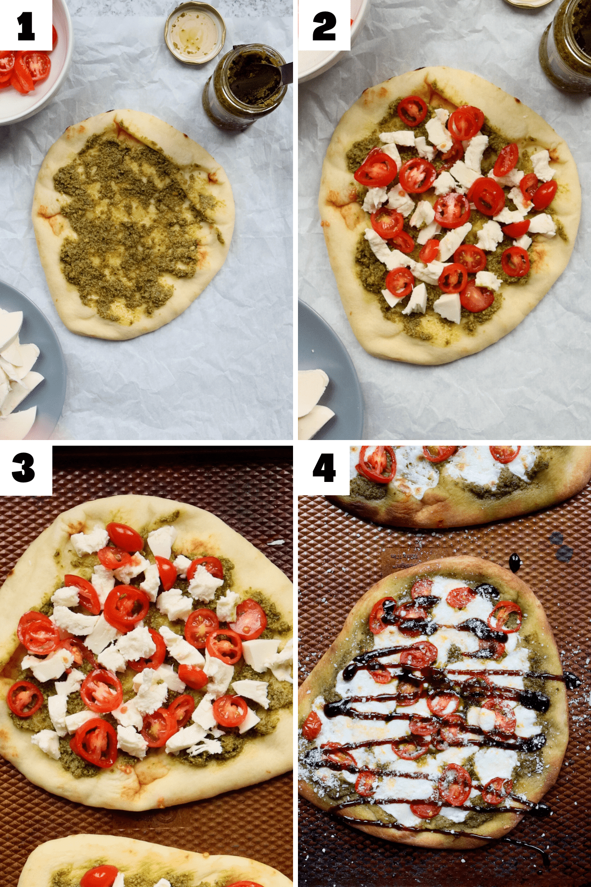 Steps on how to make Caprese Naan Pizza