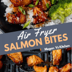 Air Fryer Teriyaki Salmon Bites on a plate with rice and broccoli