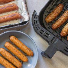 chicken sausage in an air fryer, skillet, and sheet pan