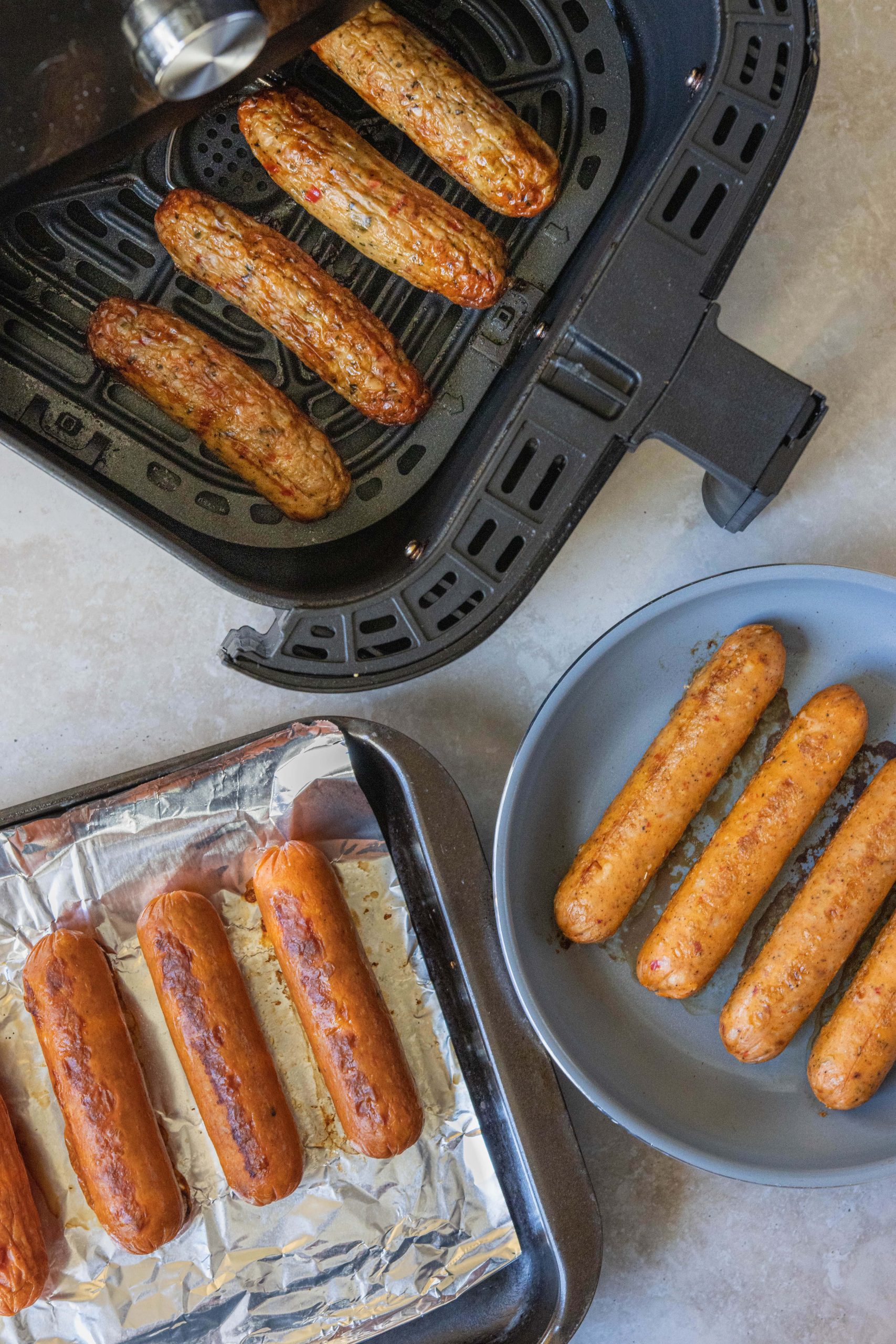 chicken sausage in an air fryer, skillet, and sheet pan 