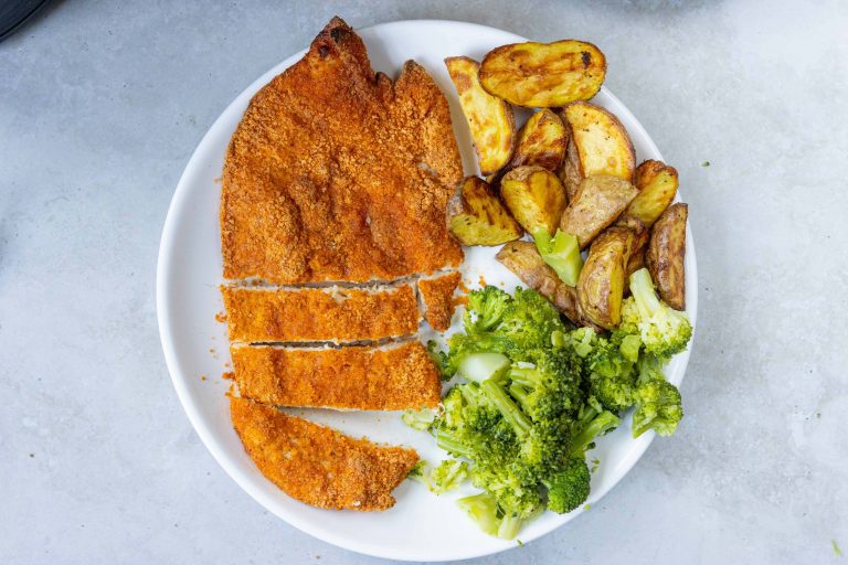 shake n bake chicken with potatoes and broccoli