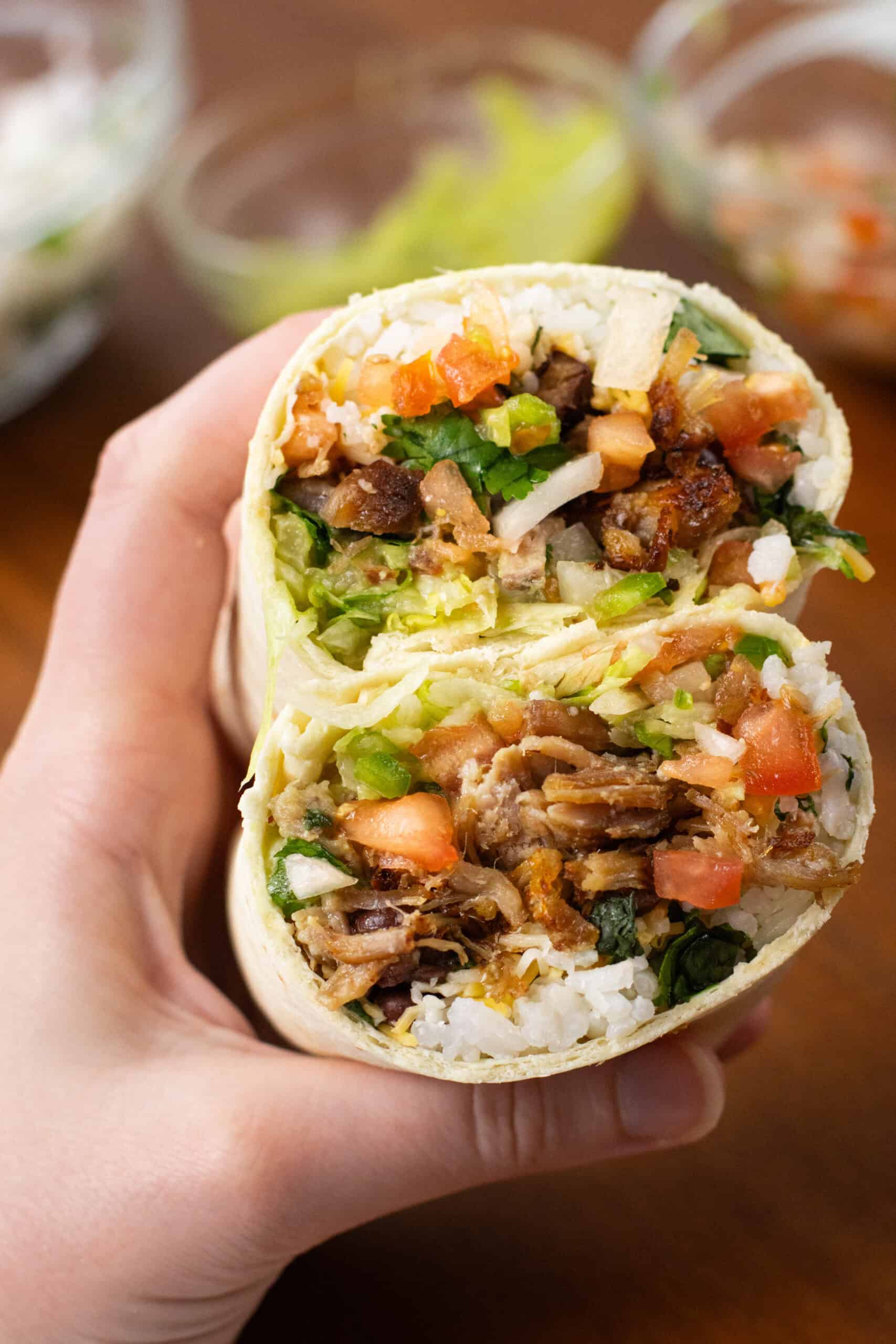 carnitas burritos finished close up