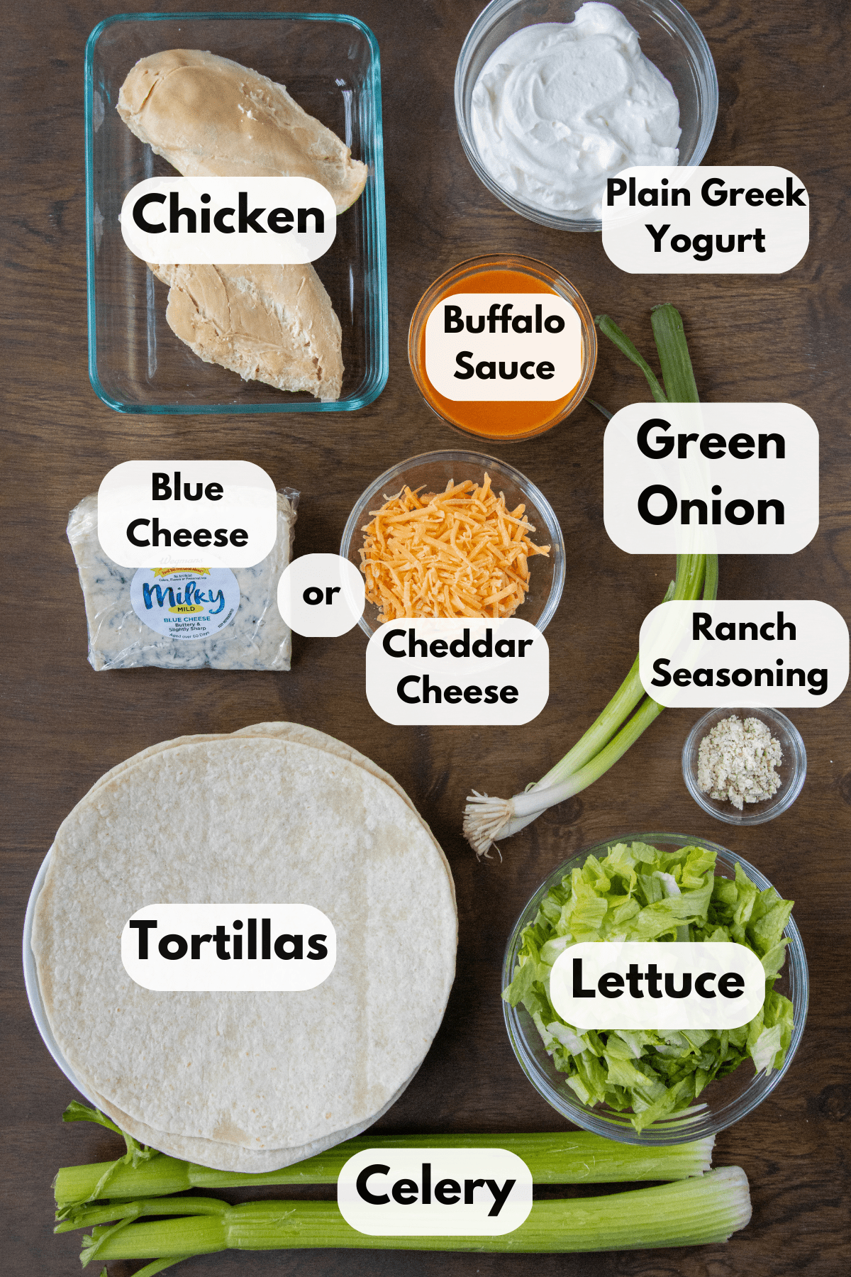 Ingredients for buffalo chicken wrap