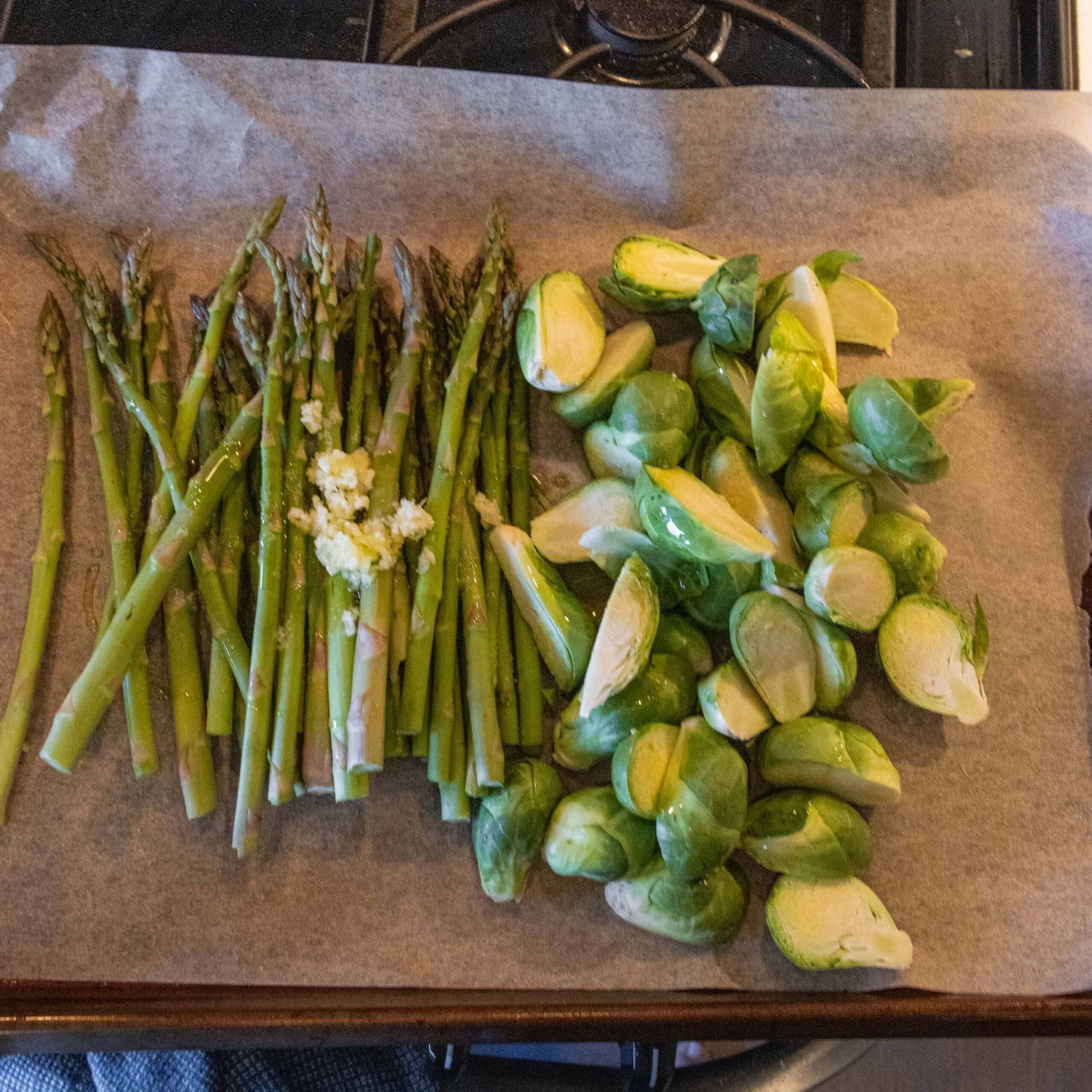 asparagus and brussels sprouts with garlic and olive oil