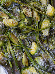 asparagus and brussels sprouts on sheet pan