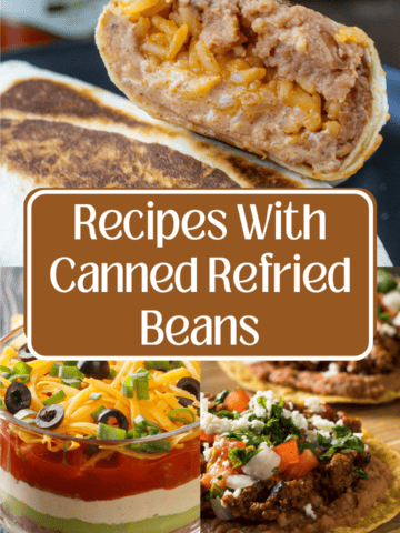 a collage of 3 recipes with canned refried beans