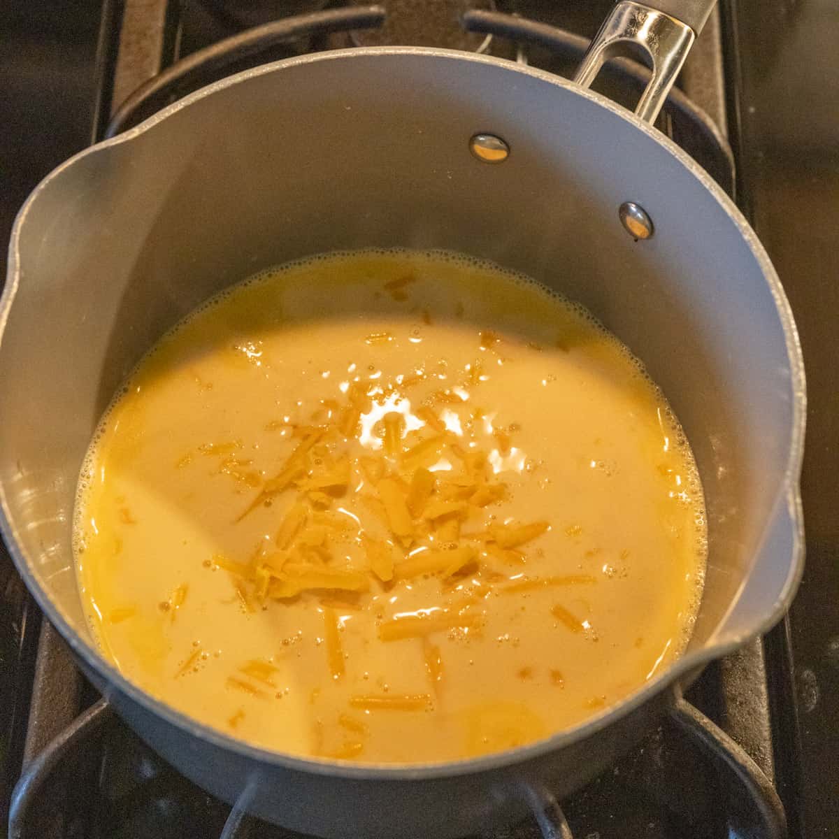 adding cheese the warm milk