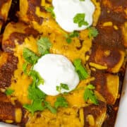 Corn tortilla enchiladas with cilantro and sour ream on top and a spatula scooping it out