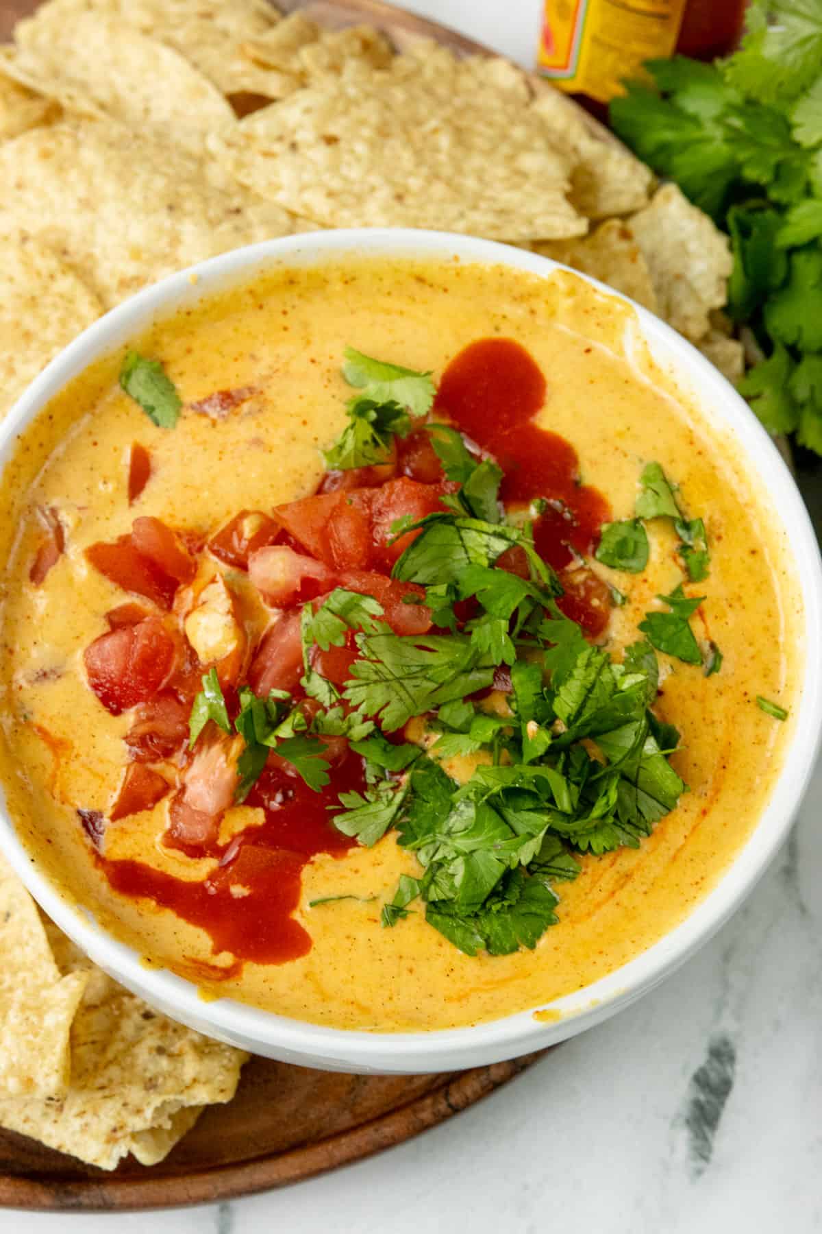 queso topped with hot sauce, tomatoes, and cilantro 