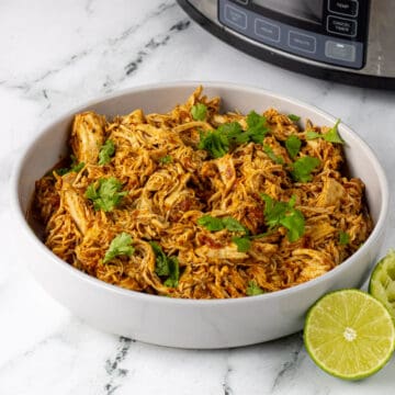 Mexican shredded chicken in a dish, slow cooker in back ground.