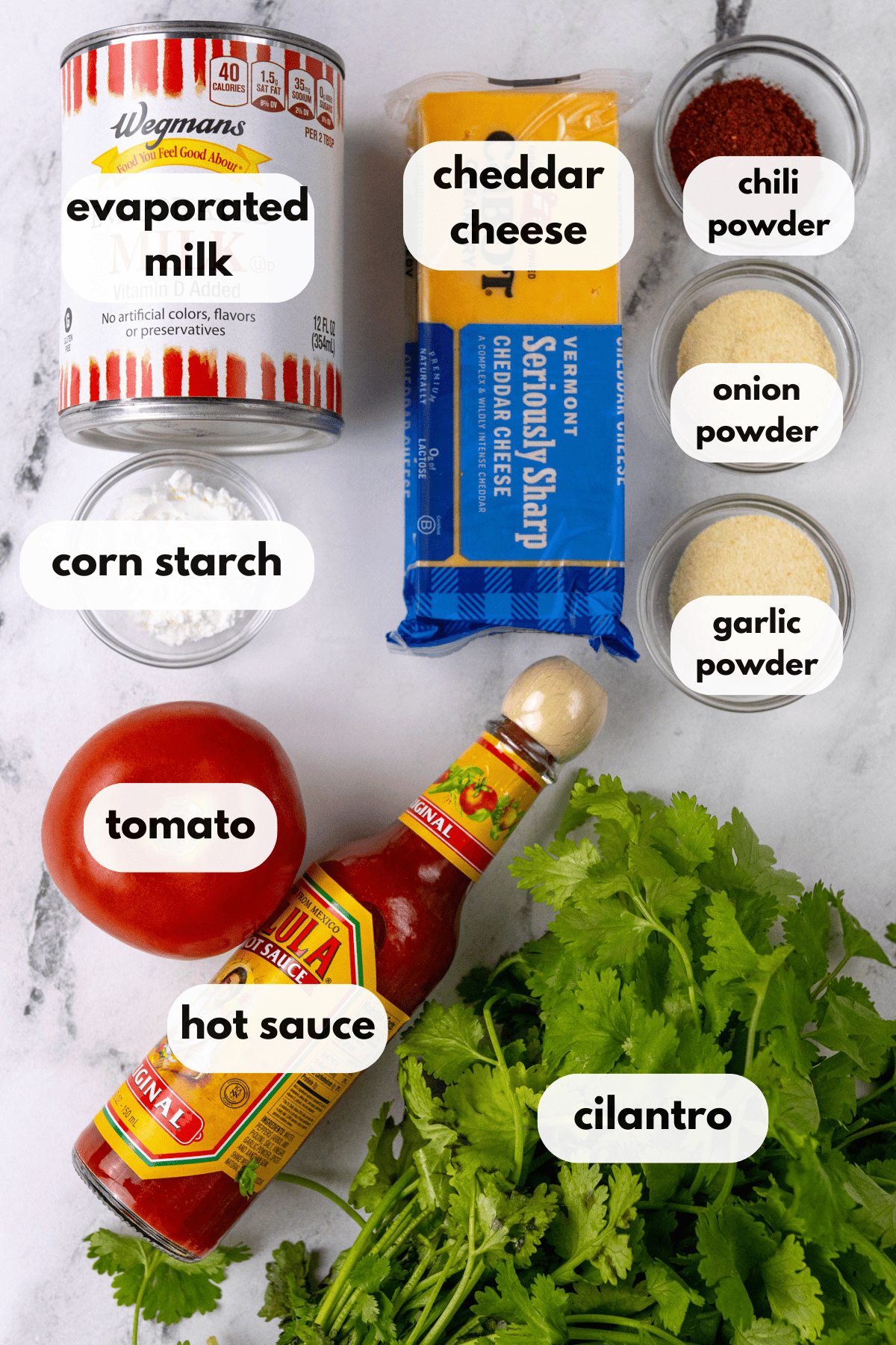 Queso ingredients with labels