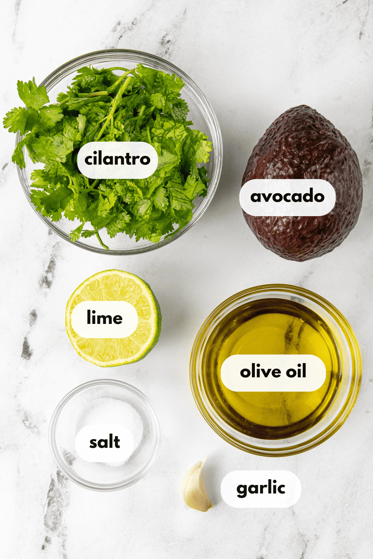 Creamy cilantro lime dressing ingredients with labels