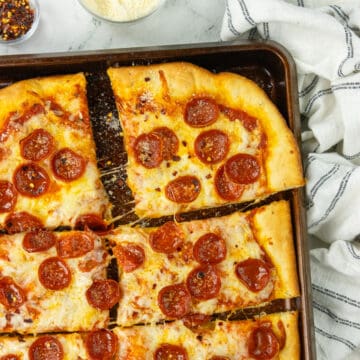 Sheet Pan Pizza with a nice cheese pull