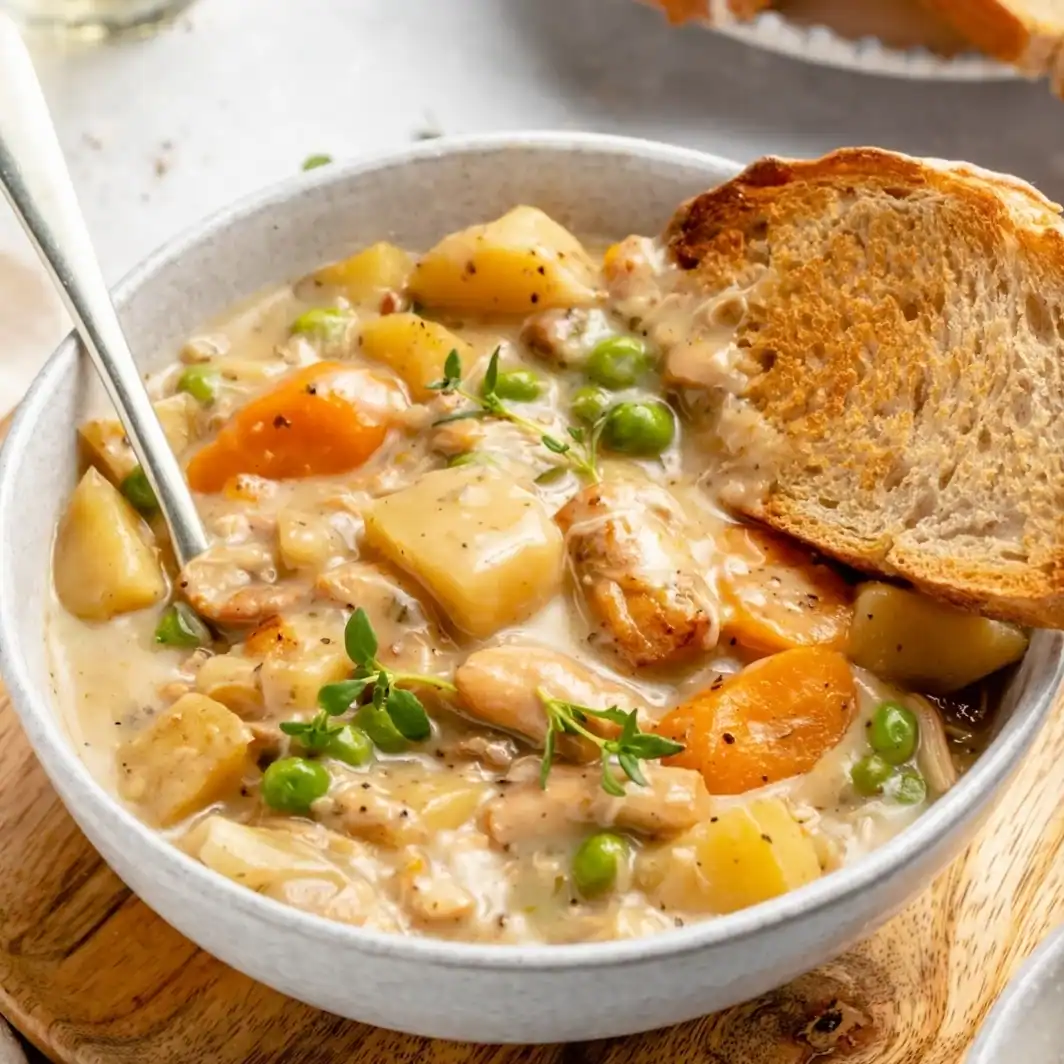 White Wine Chicken Stew in a bowl with bread