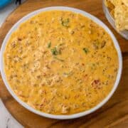 ground beef Queso finished in a bowl