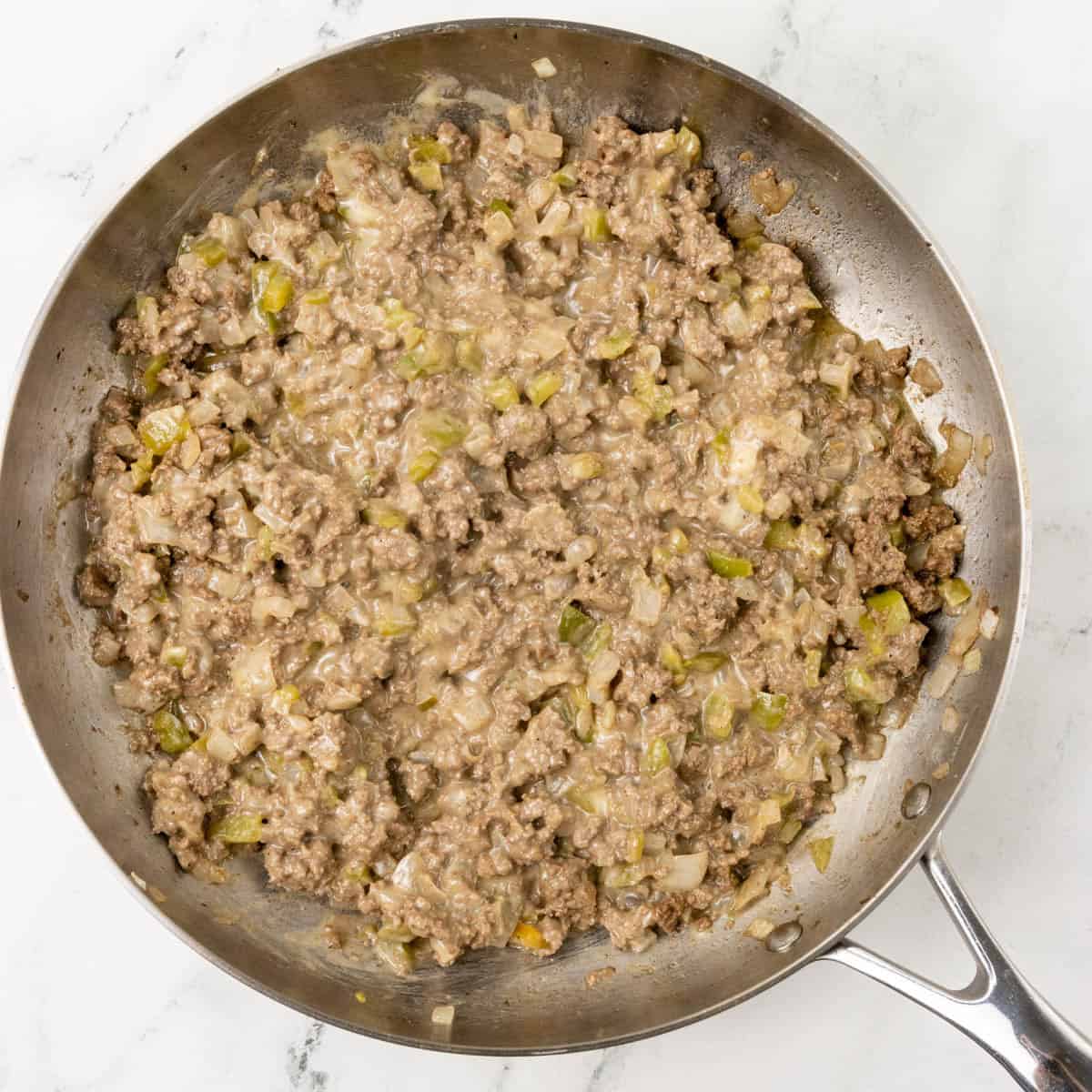 Ground Beef Philly Cheese Steak filling in a skillet
