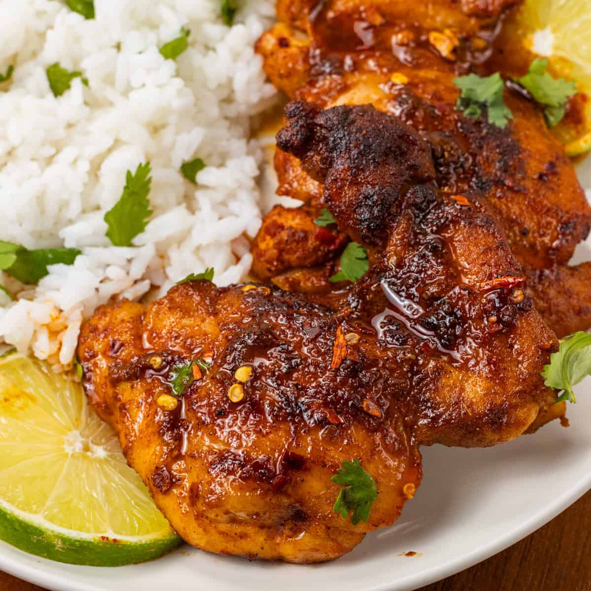 Chili Lime Chicken Thighs close up with rice