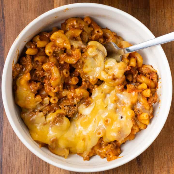 One-Pot Chili Mac and Cheese bowl with food