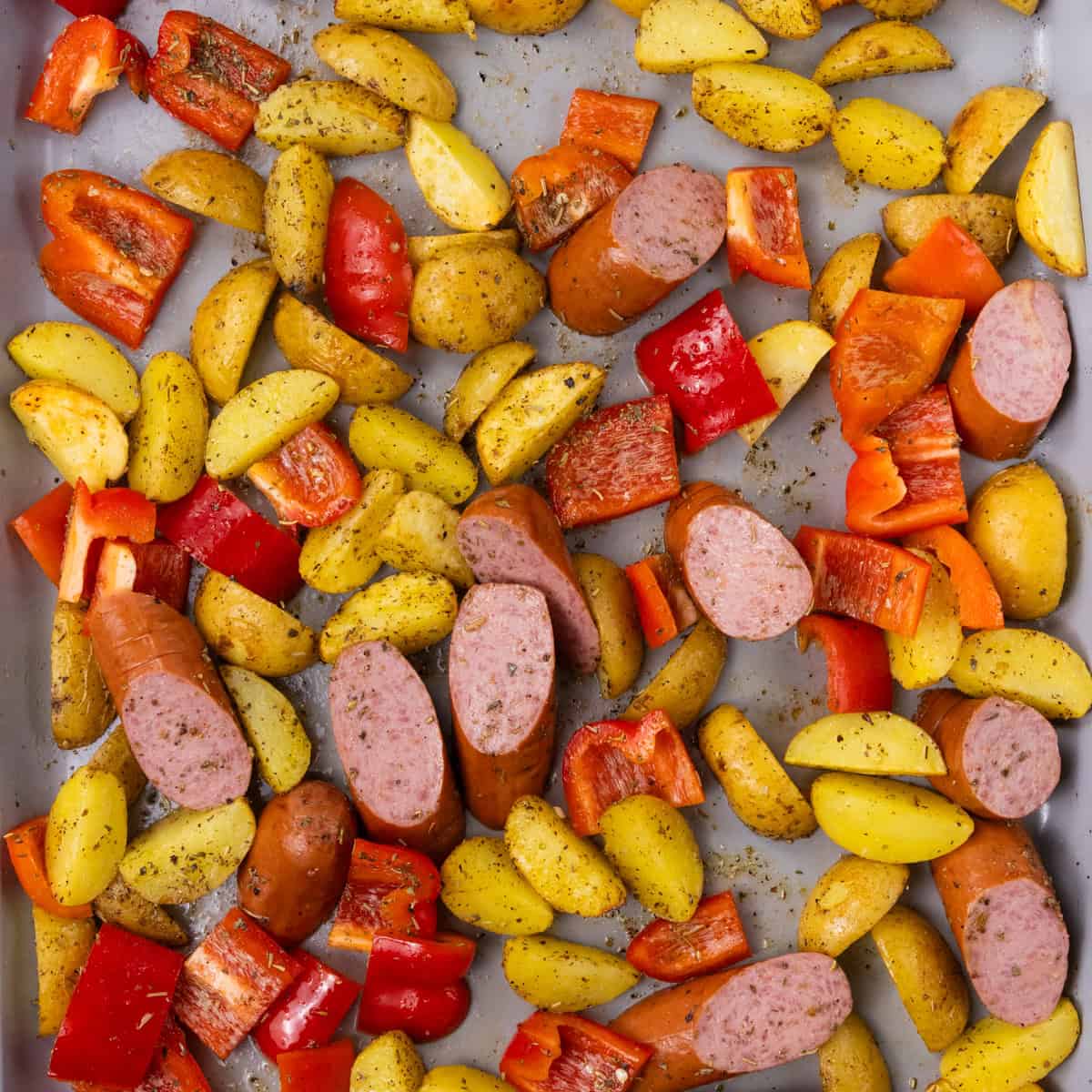 Smoked Sausage and Baby Gold Potatoes in pan pre bake