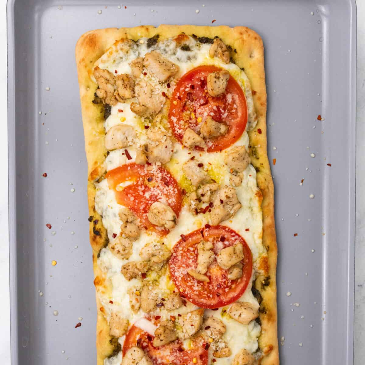 Chicken Pesto Flatbread Pizza after coming out of the oven